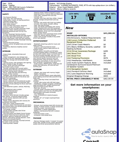 2014 Cadillac Srx Luxury Collection z USA, uszkodzony, nr VIN 3GYFNBE36ES597952